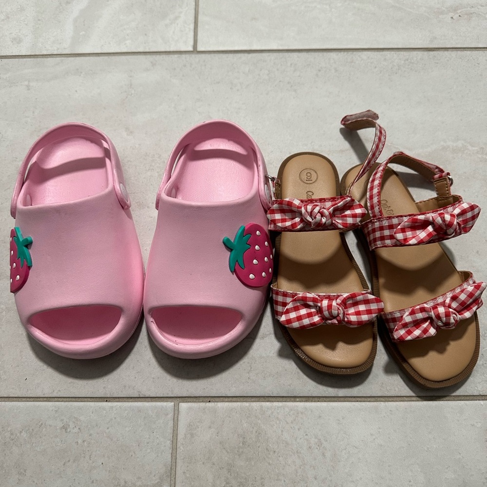 Pink Strawberry Kids Clogs and Red Checkered Sandals